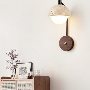 Travaryn - Kinkiet trawertynowy, żółty z drewnem orzechowym do salonu, Ø15x32 cm