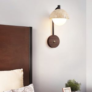 Travaryn - Kinkiet trawertynowy, żółty z drewnem orzechowym do salonu, Ø15x32 cm