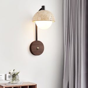 Travaryn - Kinkiet trawertynowy, żółty z drewnem orzechowym do salonu, Ø15x32 cm