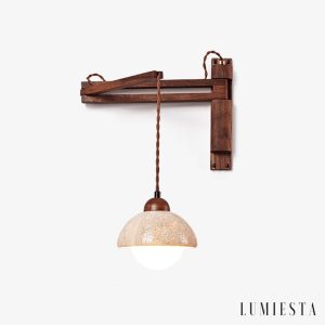 Traventa - Kinkiet żółty trawertynowy z drewnianą oprawą, do salonu, Ø11/12/15 cm