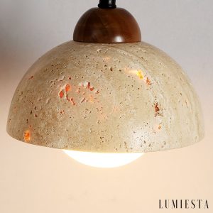 Traventa - Kinkiet żółty trawertynowy z drewnianą oprawą, do salonu, Ø11/12/15 cm