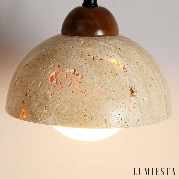 Traventa - Kinkiet żółty trawertynowy z drewnianą oprawą, do salonu, Ø11/12/15 cm