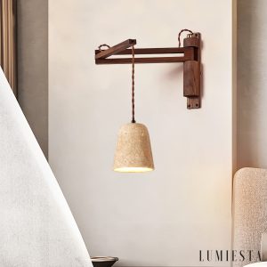 Traventa - Kinkiet żółty trawertynowy z drewnianą oprawą, do salonu, Ø11/12/15 cm