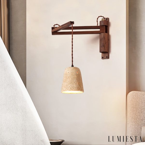 Traventa - Kinkiet żółty trawertynowy z drewnianą oprawą, do salonu, Ø11/12/15 cm