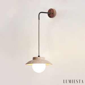 Traverta - Kinkiet trawertynowy, orzechowy z żółtym, do salonu, Ø20 x 10 cm