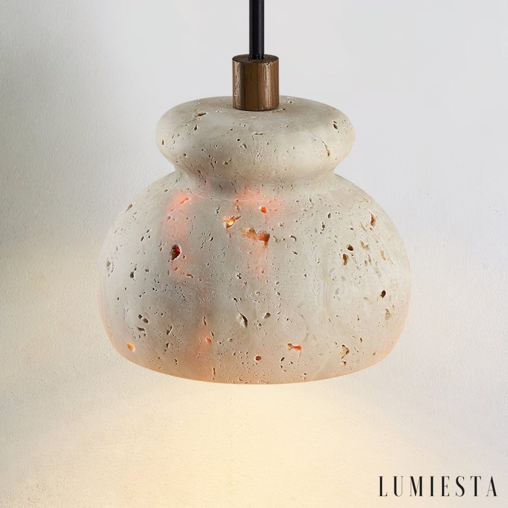 Żółta lampa wisząca travertynowa Travora 226, widok na profil klosza
