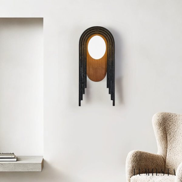 Troiana - Lampa wisząca trawertynowa, czarna z drewnem do salonu Ø18×40 cm