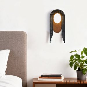 Troiana - Lampa wisząca trawertynowa, czarna z drewnem do salonu Ø18×40 cm