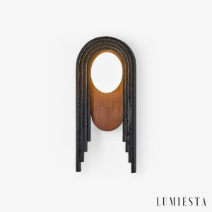 Troiana - Lampa wisząca trawertynowa, czarna z drewnem do salonu Ø18×40 cm