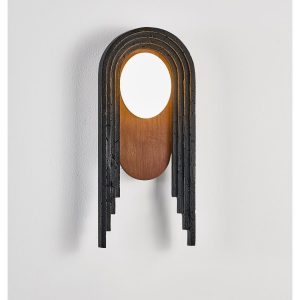 Troiana - Lampa wisząca trawertynowa, czarna z drewnem do salonu Ø18×40 cm