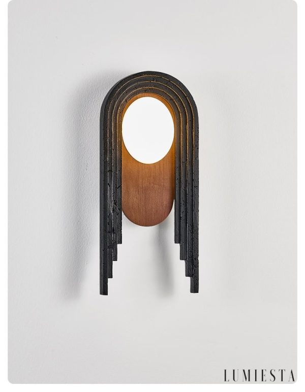 Troiana - Lampa wisząca trawertynowa, czarna z drewnem do salonu Ø18×40 cm