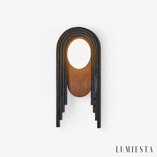 Troiana - Lampa wisząca trawertynowa, czarna z drewnem do salonu Ø18×40 cm