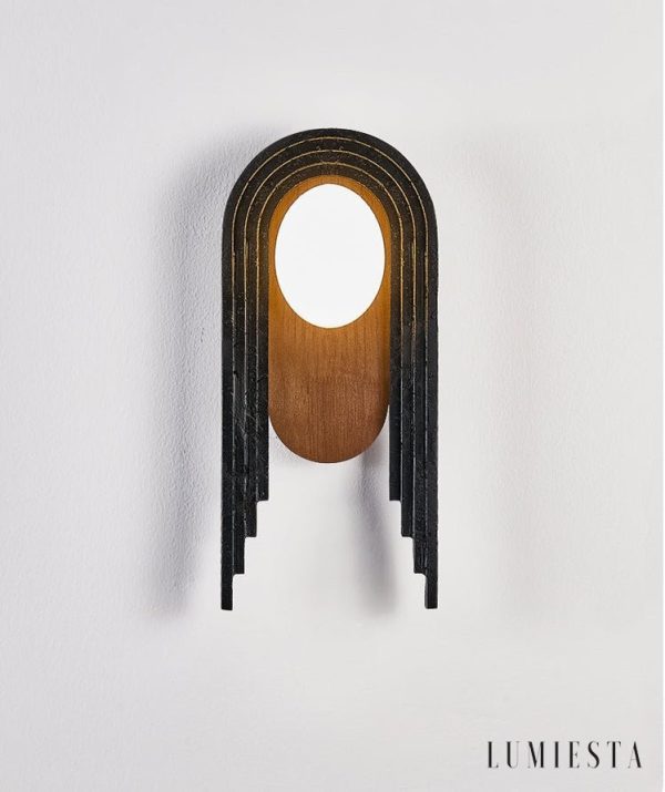 Troiana - Lampa wisząca trawertynowa, czarna z drewnem do salonu Ø18×40 cm