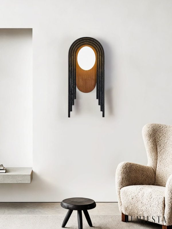 Troiana - Lampa wisząca trawertynowa, czarna z drewnem do salonu Ø18×40 cm