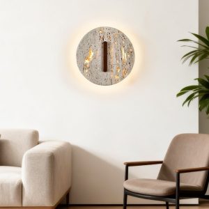 Tuluma - Kinkiet trawertynowy drewniany, orzechowo-żółty, do salonu, Ø25x25 cm