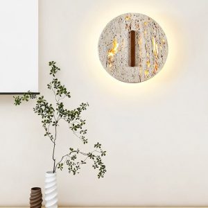 Tuluma - Kinkiet trawertynowy drewniany, orzechowo-żółty, do salonu, Ø25x25 cm