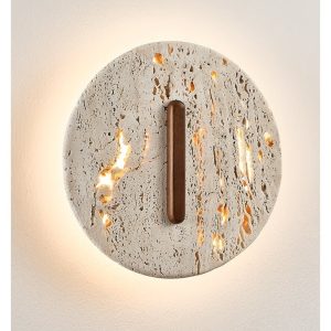 Tuluma - Kinkiet trawertynowy drewniany, orzechowo-żółty, do salonu, Ø25x25 cm