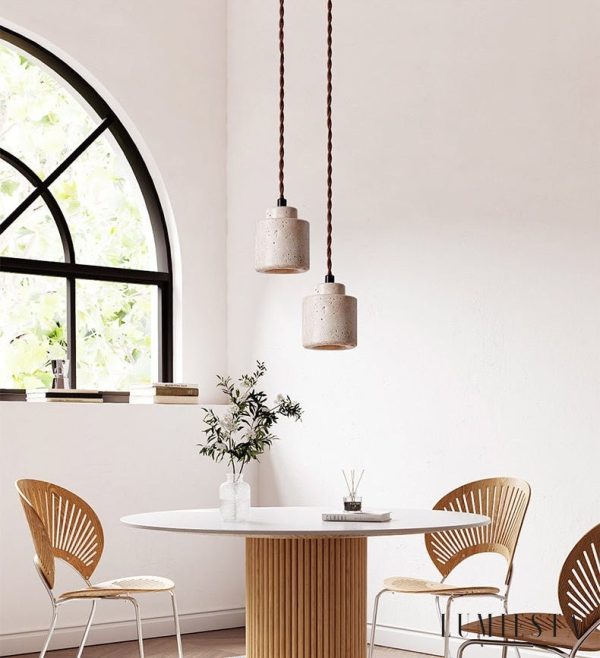 Venetis - Lampa wisząca trawertynowa żółta, drewno, nad stół, Ø23x20 cm