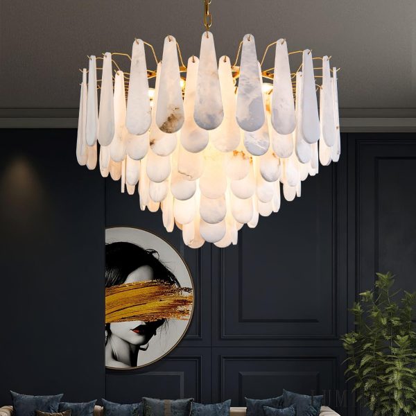 Vesparis - Lampa wisząca glamour mosiężna z alabasterem do salonu, Ø55/80 cm