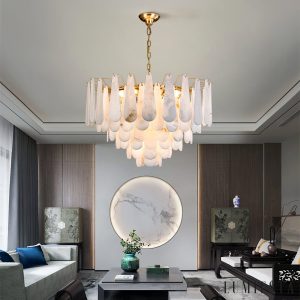 Vesparis - Lampa wisząca glamour mosiężna z alabasterem do salonu, Ø55/80 cm