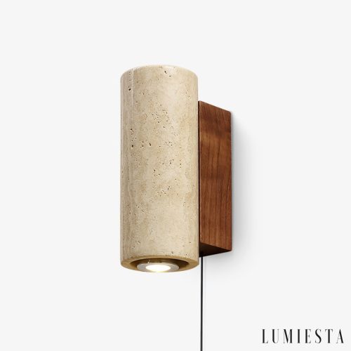 Waltrava - Kinkiet trawertynowo-drewniany, orzechowy, do sypialni, Ø7x23 cm