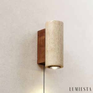 Waltrava - Kinkiet trawertynowo-drewniany, orzechowy, do sypialni, Ø7x23 cm