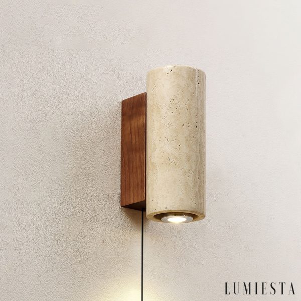 Waltrava - Kinkiet trawertynowo-drewniany, orzechowy, do sypialni, Ø7x23 cm