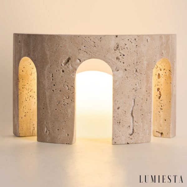 Zarvi - Lampa stołowa trawertynowa, żółto-biała, do salonu, Ø24 x 15 cm