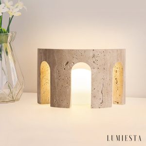 Zarvi - Lampa stołowa trawertynowa, żółto-biała, do salonu, Ø24 x 15 cm