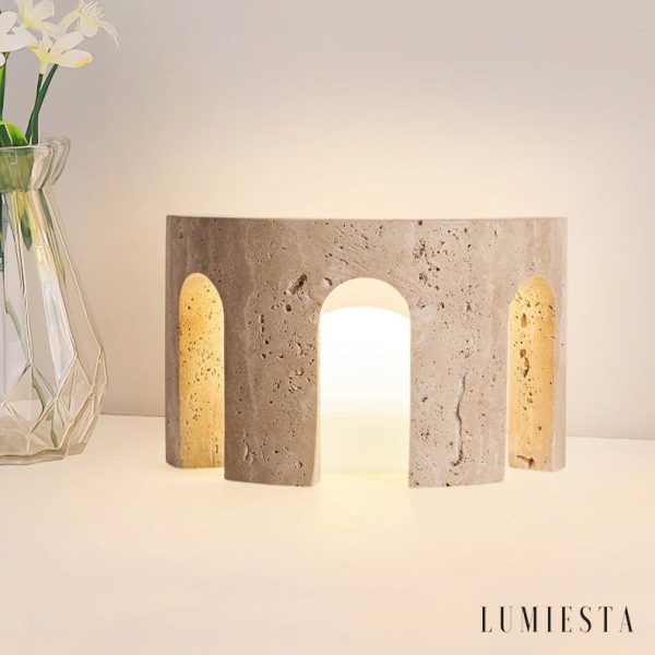 Zarvi - Lampa stołowa trawertynowa, żółto-biała, do salonu, Ø24 x 15 cm