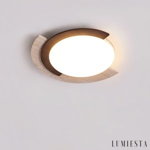 Zarwila - Plafon trawertynowo-drewniany, ciemny orzech/żółty, do salonu, Ø62x10 cm