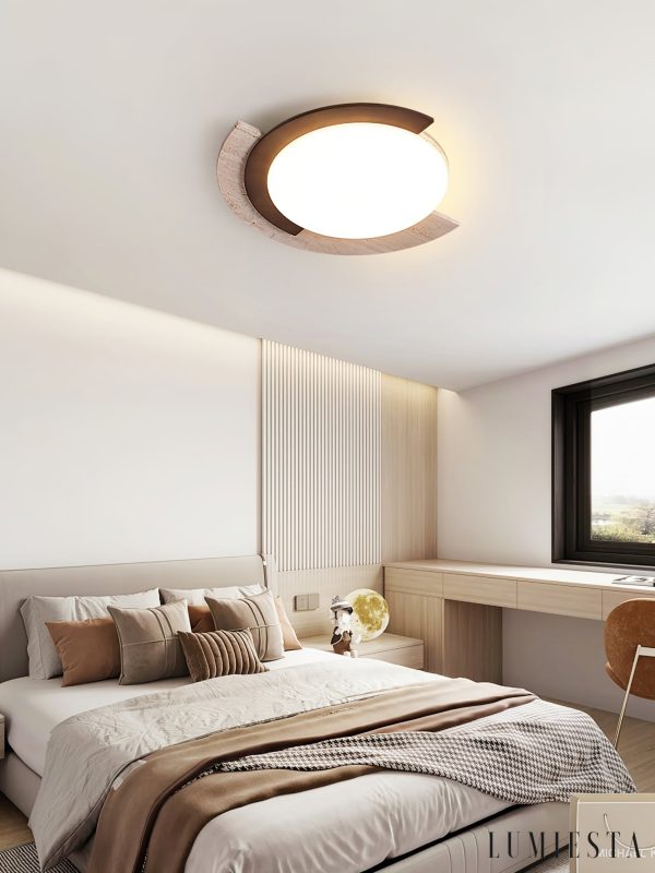 Zarwila - Plafon trawertynowo-drewniany, ciemny orzech/żółty, do salonu, Ø62x10 cm