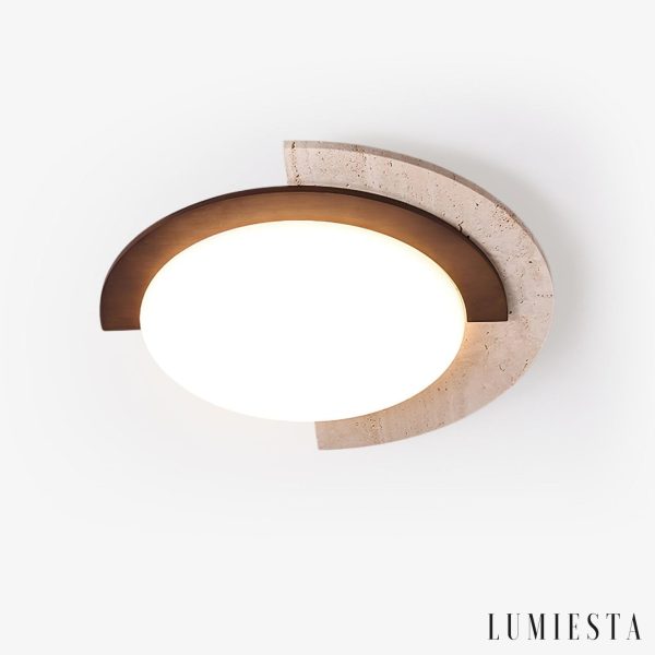 Zarwila - Plafon trawertynowo-drewniany, ciemny orzech/żółty, do salonu, Ø62x10 cm