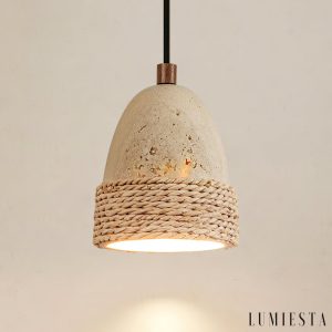 Zlotrava 231 - Lampa wisząca naturalna, rattan i żółty trawertyn do jadalni, Ø12 x H15 cm