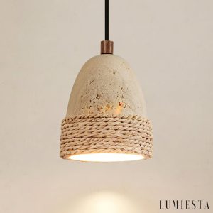 Wisząca z żółtego trawertyu i rattanu oświetlająca stół — naturalne drewno, minimalistyczny design do salonu