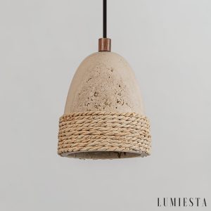 Zlotrava 231 - Lampa wisząca naturalna, rattan i żółty trawertyn do jadalni, Ø12 x H15 cm