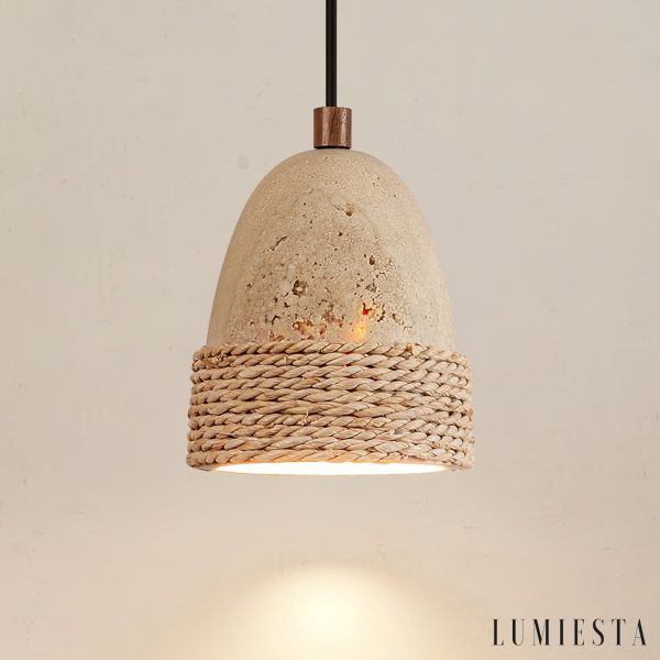 Zlotrava 231 - Lampa wisząca naturalna, rattan i żółty trawertyn do jadalni, Ø12 x H15 cm