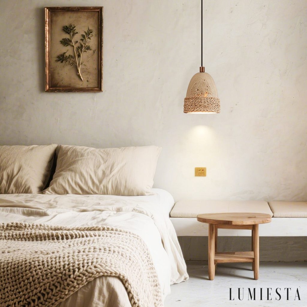 Lampa wisząca z podświetlonym rattanem — żółty trawertyn o porous fakturze, naturalne oświetlenie boho
