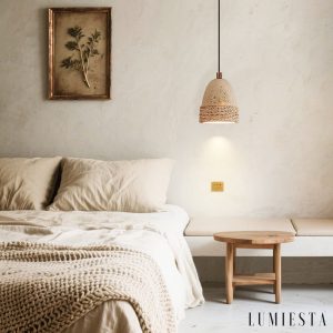 Zlotrava 231 - Lampa wisząca naturalna, rattan i żółty trawertyn do jadalni, Ø12 x H15 cm
