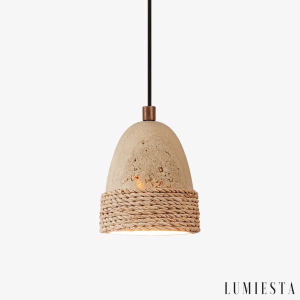 Lampa wisząca Zlotrava 231 z żółtego trawertyny i rattanu Ø12 cm — naturalne oświetlenie do jadalni