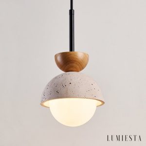 Zapri - Lampa wisząca trawertynowa, drewniana, żółta do salonu, Ø15 x 20 cm