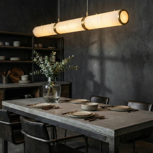 Omera-Lumiesta.png Omera - Cylindryczna lampa wisząca alabastrowa, biało-złota, 100/120/140 cm - żyrandol nad stół