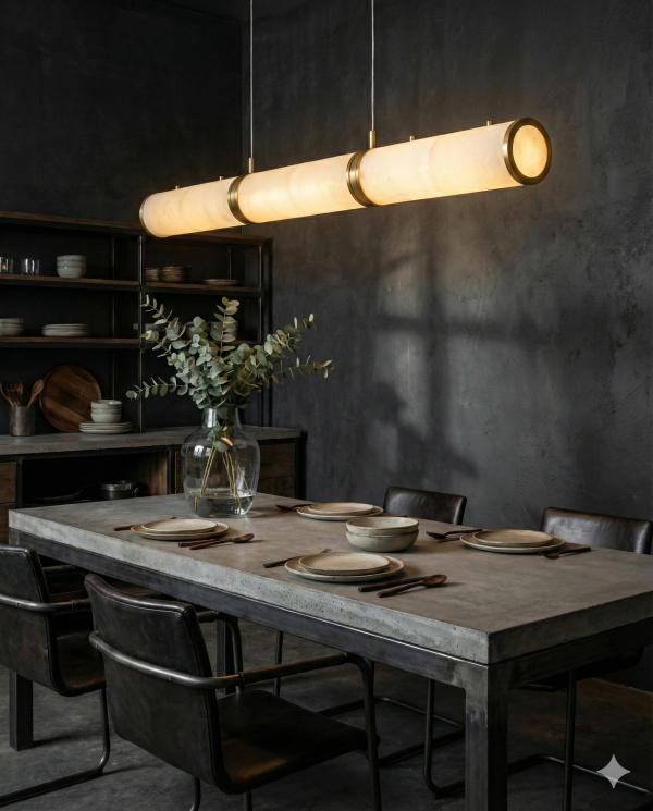 Omera-Lumiesta.png Omera - Cylindryczna lampa wisząca alabastrowa, biało-złota, 100/120/140 cm - żyrandol nad stół