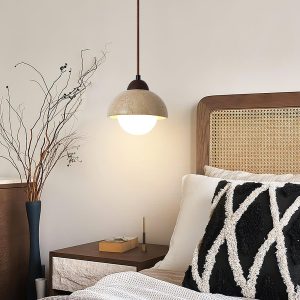 Półokrągła lampa wisząca z travertynu i beżowego szkła