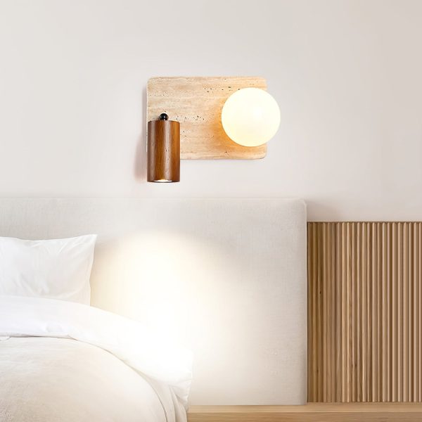 Lunara Duo round travertine wall lamp in walnut color, 2-light modern sconce