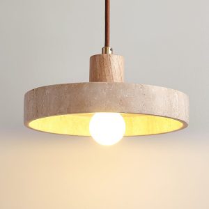 Piedra - Lampa wisząca Ø20 cm – trawertyn i drewno, beż-orzech, skandynawska