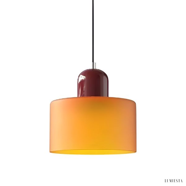 Lampa wisząca cylindryczna kolorowa Mondi Ø15cm – pomarańczowy abażur z bordowym akcentem na białym tle
