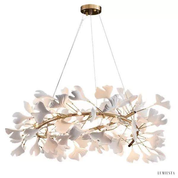 Lampy żyrandol postmodernistyczny w kształcie płatków 60cm — biały klosz z gałęziami na białym tle