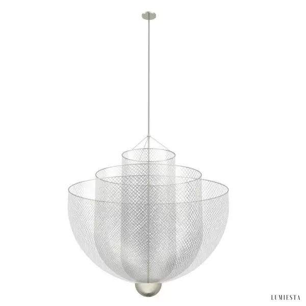Lampa wisząca Meshmatics 60 cm, boczny widok srebrnej ażurowej konstrukcji