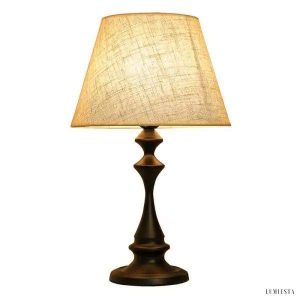Lampa stołowa lniana abażur biały na podstawie czarnej z detalami — elegancka oświetleniowa